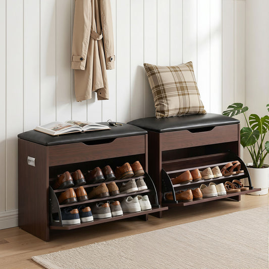 Artiss 2x Shoe Bench Set Flip Drawer Walnut