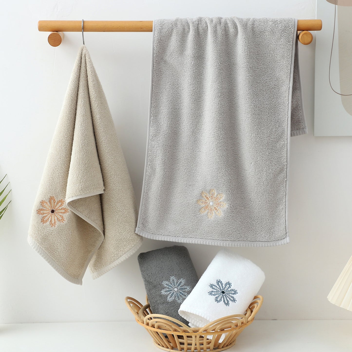 Beige 4-Pack Elegant Orange Floral Embroidered Cotton Hand Towels - Ultra Soft & Absorbent