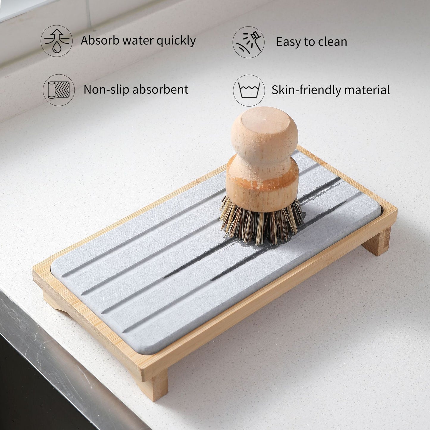 White Natural Diatomaceous Earth Absorbent Drying Tray with Bamboo Base - Quick-Dry Stone Mat for Kitchen & Bathroom Sink