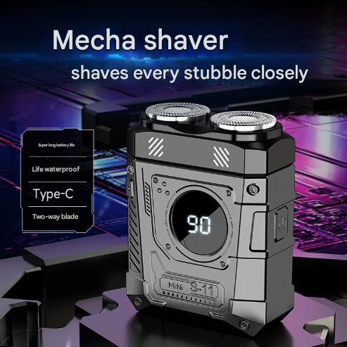 Grey and Black Cyberpunk Mini Electric Shaver - Portable Dual-Head Razor with LED Display & USB-C Charging